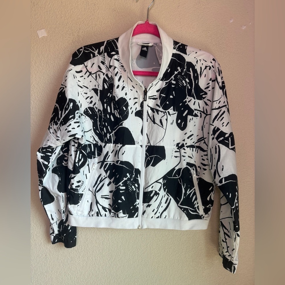 Adidas Black & White Tropical Monstera Cropped Bomber Windbreaker Jacket L - Picture 2 of 9
